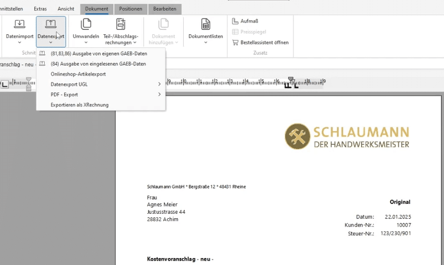 Export von Dokumenten als E-Rechnung