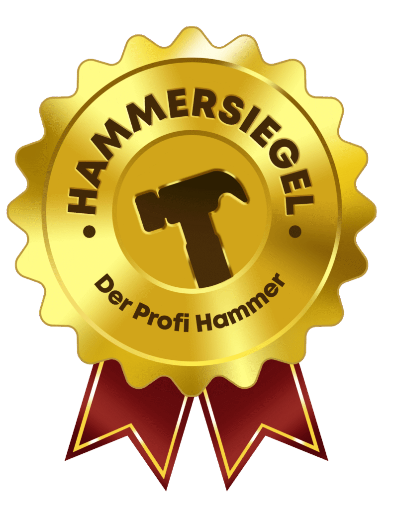 Goldenes Siegel mit roten Banner, Schriftzug: Hammersiegel - Der Profi Hammer