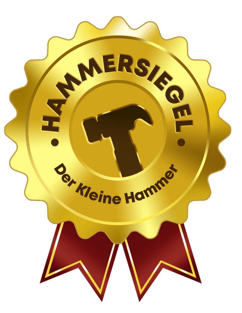 Goldenes Siegel mit roten Banner, Schriftzug: Hammersiegel - Der Kleine Hammer